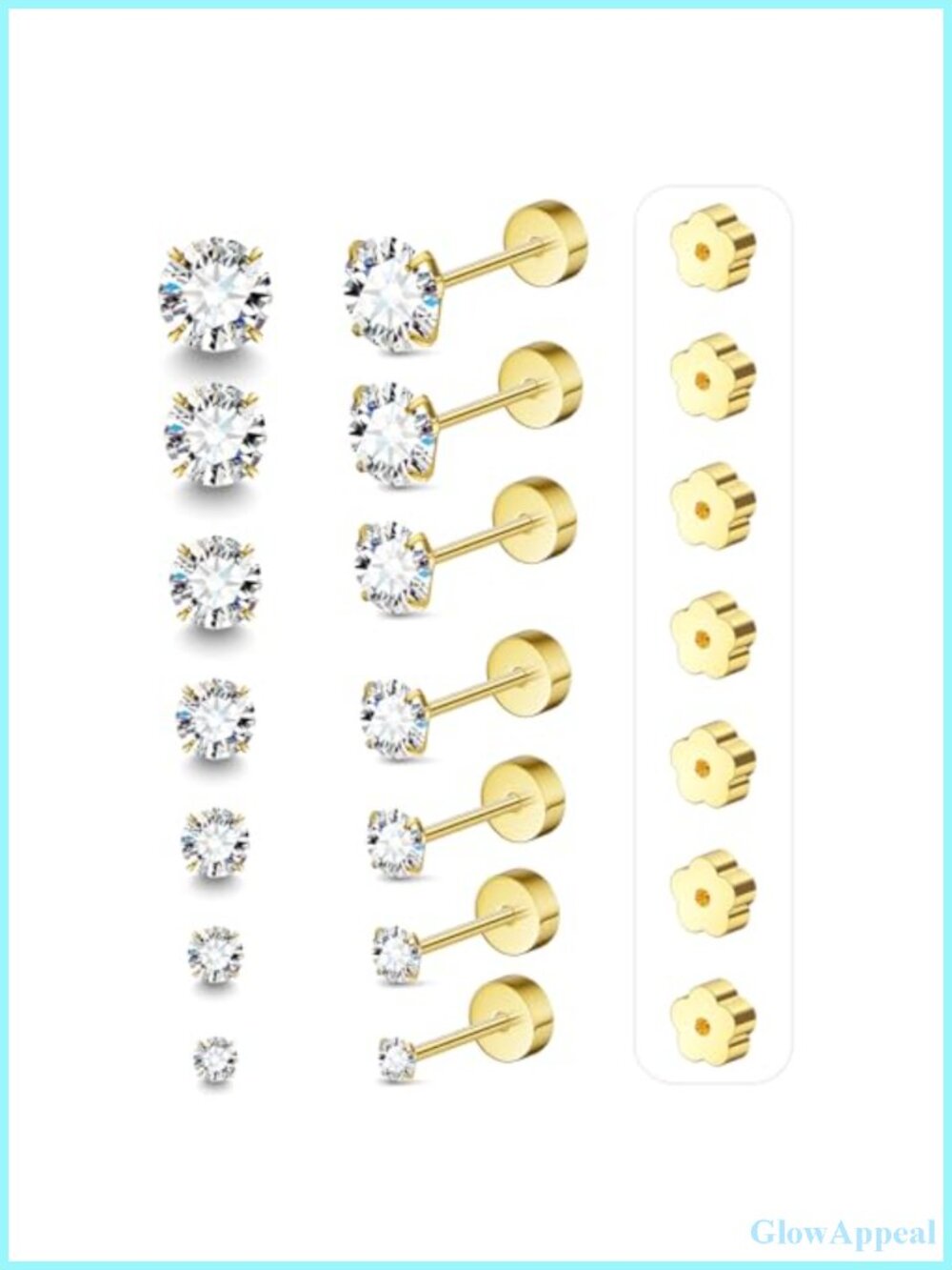 7 Pairs Cubic Zirconia Stud Earrings Set 18G 20G Hypoallergenic Surgical Steel